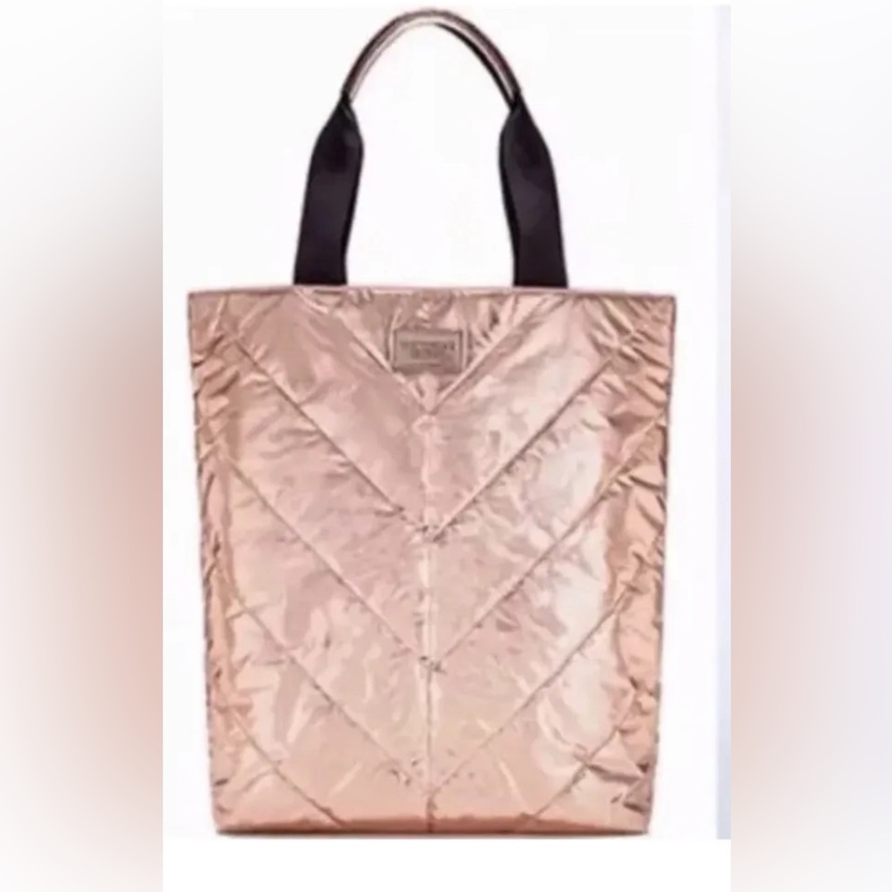 Victoria Secret VS Rose Gold Metallic Quilted Travel Weekender Tote Bag NEW